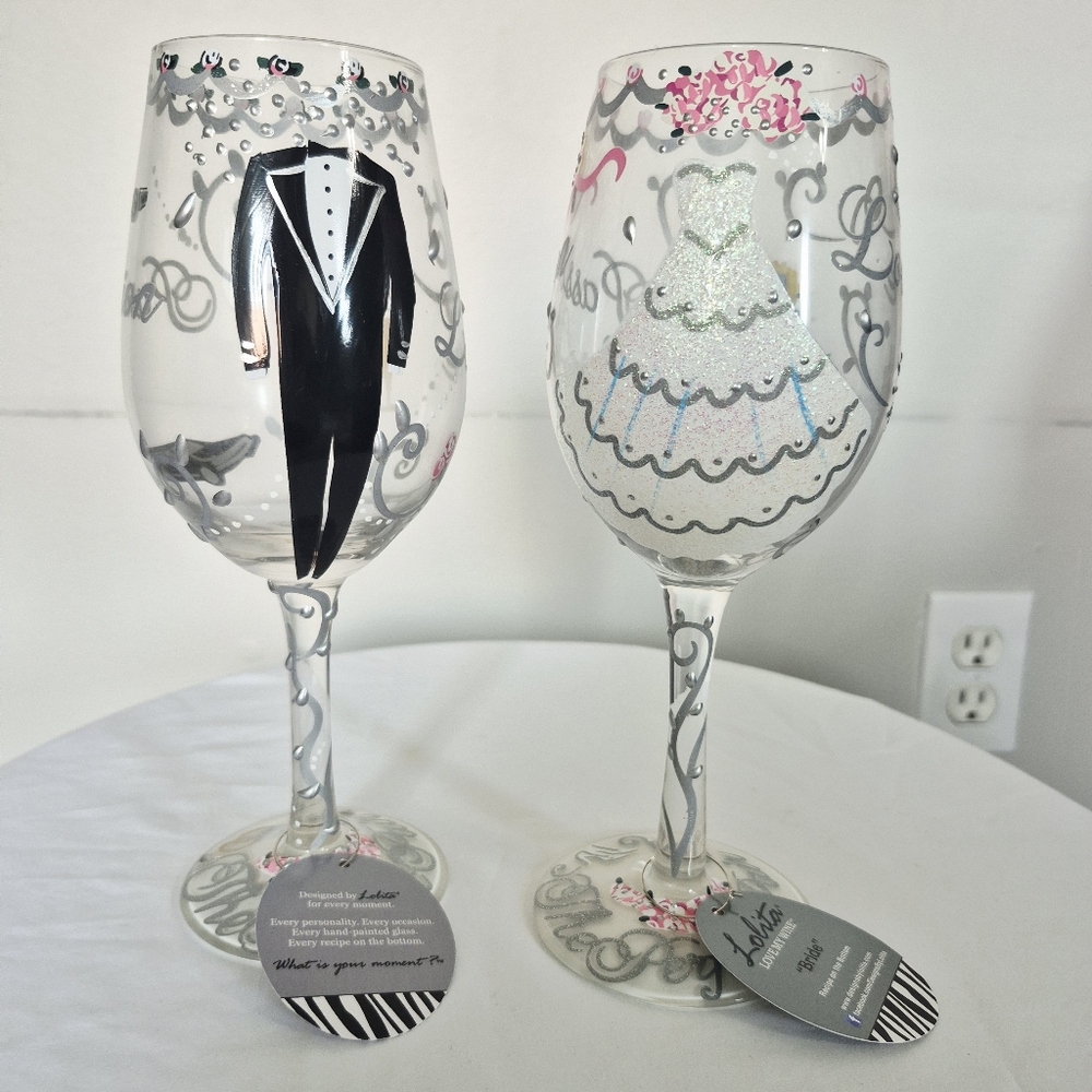 NEW Lolita Bride And Groom Wedding  Hand Painted Wine Glasses Recipe On Bottom